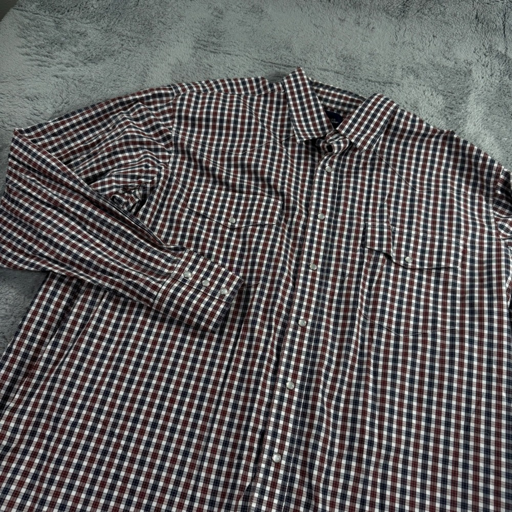Wrangler Mens 2XLT Plaid Western Snap Shirt Burgundy Navy White Tall Cotton